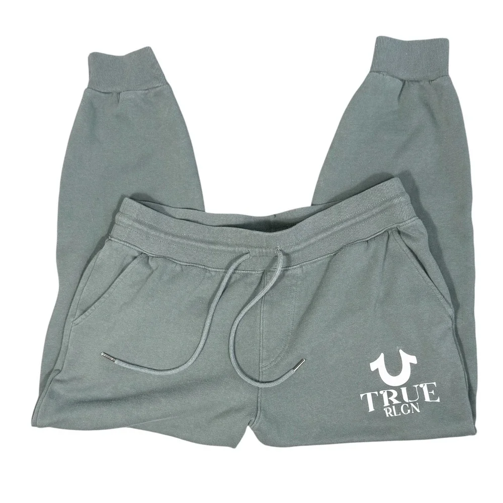 True‎ Religion Joggers Mens Large Green Horseshoe Logo Fleece Sweatpantsr